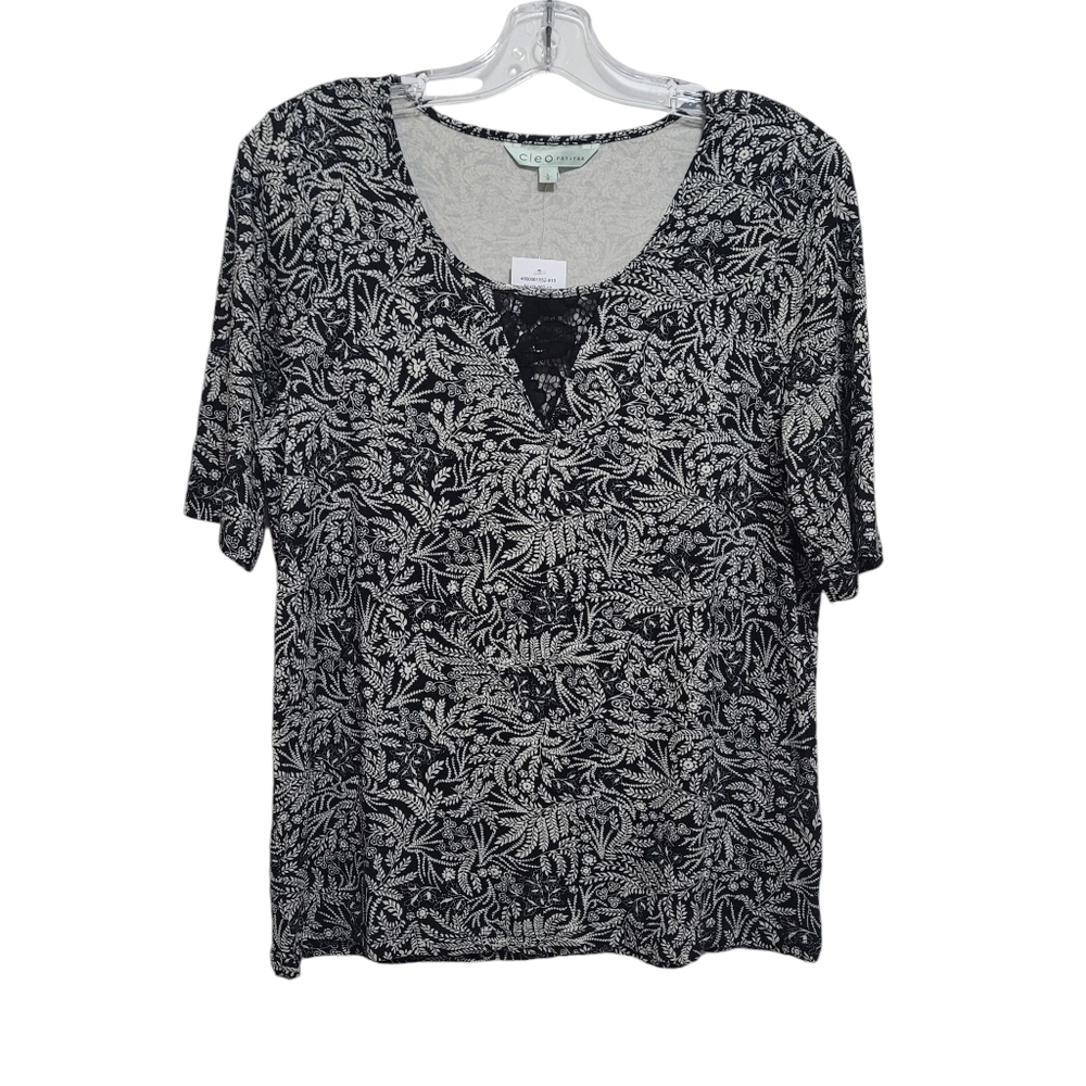 Cleo Petites Black and White Tropical Short Sleeved Blouse Size L